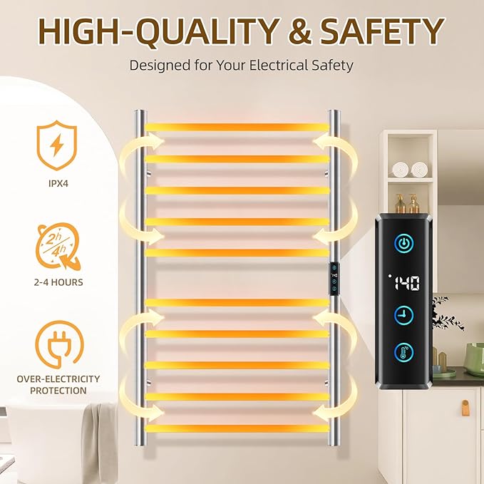 Towel Warmers for Bathroom, Heated Towel Rack Large, Smart Timing & Temperature Control, 10 Bar Racks, Stainless Steel, Plug-in, Fast Heating, Nickel
