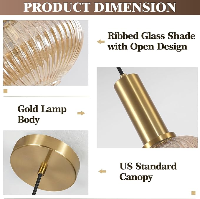 KCO Lighting Vintage Gold Pendant Light Fixture Amber Glass Pendant Light Mid Century Modern Lantern Light Antique Brass Dining Room Light Large Hanging Light Fixture