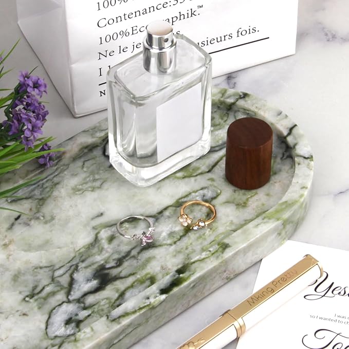 Natural Marble Tray Oval, Bathroom Vanity Tray for Countertop, Elegant Stone Decorative Organizer for Perfume, Jewelry, Home Decor (1, Green Emerald, 10 x 5 x 0.6)