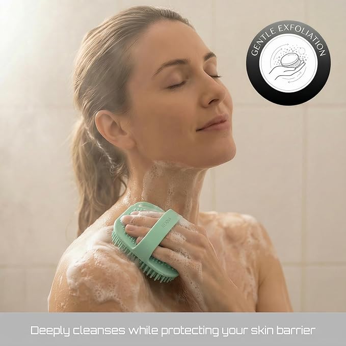 Silicone Body Scrubber for Shower - Exfoliating Body Brush with Non-Slip Grip - Durable Loofah Alternative - Soft Bristles for Gentle Cleansing, High Lather & Quick Drying, Green