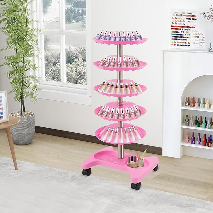 Nail Polish Trolley Organizer, 5 Tiers 360° Rotating Tray Nail Polish Spinning Rack Display Stand with Wheels, Display Rolling Cart for Spa Home Use