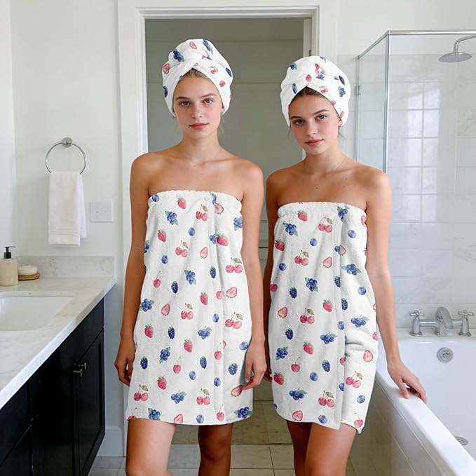 Absorbent Bath Towel Wrap Set for Women, Berries Print Towel Wrap After Shower, Microfiber Shower Robe Body Towel Wraps for Women, Quick Dry Hair Towels Wraps for Spa Hotel Beach Girl Teen