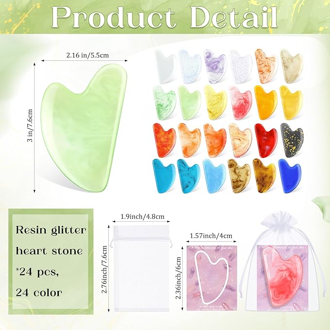 Sherr 24 Sets Gua Sha Facial Tools Bulk Resin Heart Shaped Guasha Boards with Organza Pouch and Cards for Face Body Massage Relaxation Self Care Ideal Spa Acupuncture Prevent Wrinkles(Deep Colors)