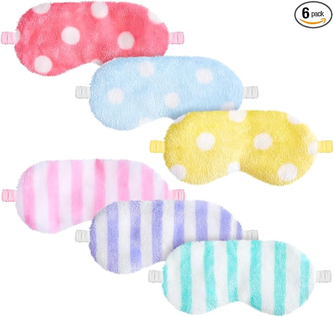 Cuffbow 6 Pack Plush Sleep Mask Set, Cute Plush Eye Masks for Sleeping, Soft Comfortable Travel Nap Blindfold, Sleepover Party Favors for Women(Lazy,Bright)