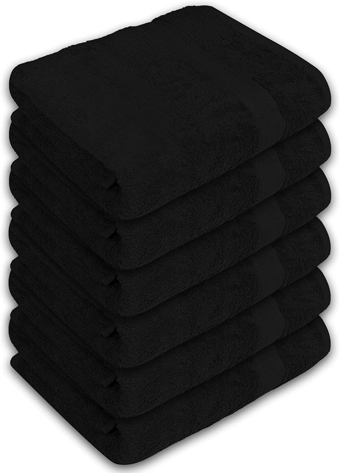 Large Bath Towels Pack of 6 – 24" x 50", 100% Cotton Terry – Soft, Quick-Dry & Highly Absorbent – Black Towels for Bathroom, Spa, Shower, Pool & Daily Use