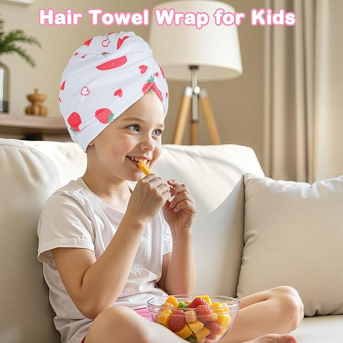 FIOBEE Microfiber Hair Towel Wrap for Kid Rapid Drying Towel Absorbent Hair Turbans for Wet Hair with Button Women Girls Long Curly Hair Pack of 2, Pink Strawberry