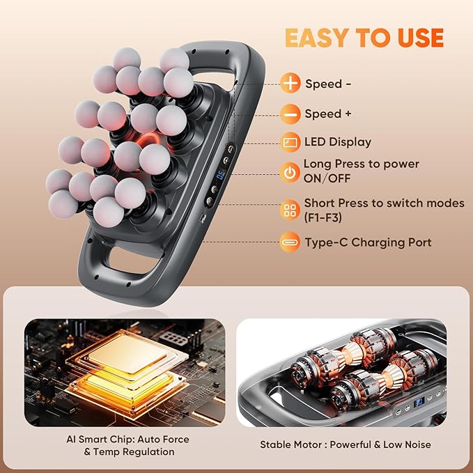 HOTU 20 Head Massage Gun Deep Tissue, Muscle Back Massager with 3 Modes & 30 Intensities, Portable Quiet Multi Mini Head Massager Gun for Hips/Legs/Waist/Shoulders/Foot Body Muscle Pain Relief