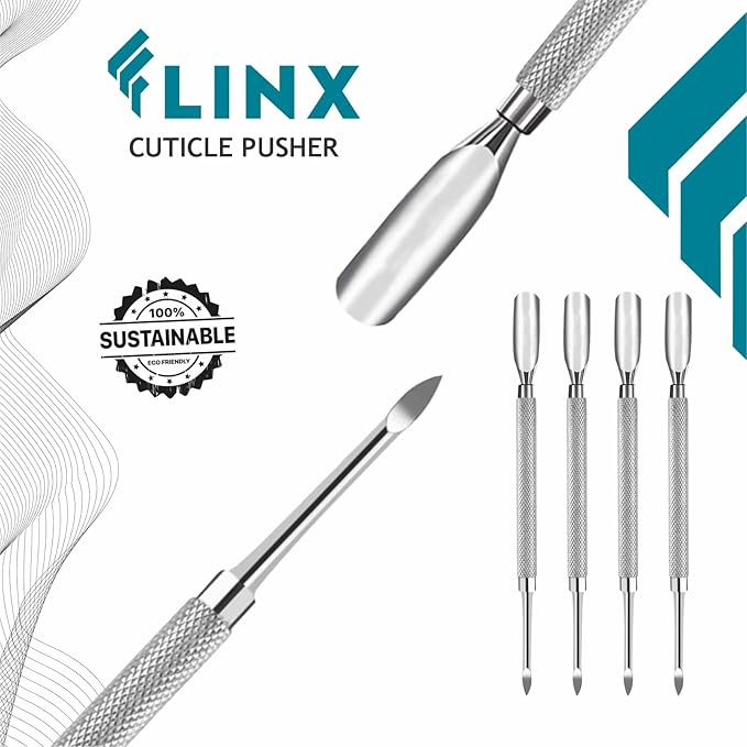 FLINX Metal Cuticle Pusher Tool 4 Pc Nail Manicure Tools Nail tools for Manicure & Pedicure, Metal Cuticle Pushers and Scraper, Nails Cuticles Pusher Cuticle Tools for Nails