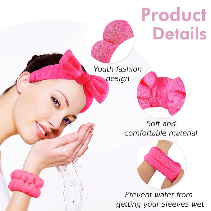 Zkptops 6Pcs Spa Headband for Washing Face Wristbands Set Women Bubble Makeup Sponge Terry Cloth Padded Puffy Skincare Headband Bow Tie Hairband Cute Non Slip Thick Hair Accessory Gifts (Rosy Red)