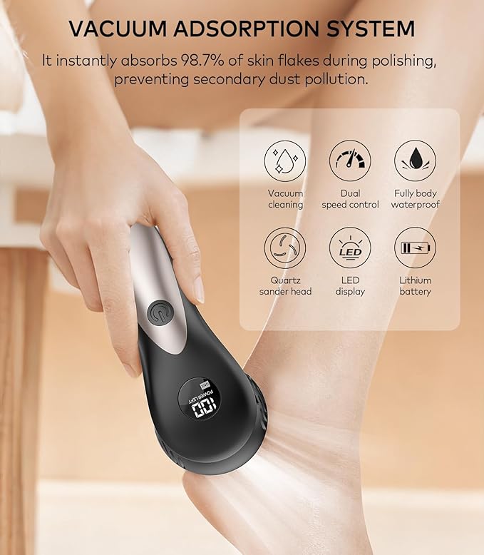 Rechargeable Electric Callus Remover for Feet with Vacuum, Pumice Stone Foot File for 100% Full Foot Care Coverage, 2-Speed & 3 Grinding Heads, Ideal Gift for Dead, Hard Cracked Dry Skin, Black