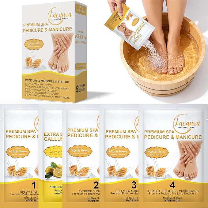 Deluxe Pedicure Kit 5 Step Spa Set – Epsom Salt Soak, Callus Remover Gel, Sugar Scrub, Collagen Mask & Shea Butter Lotion – Professional At Home Foot Care (Milk & Honey, 03 Sets)