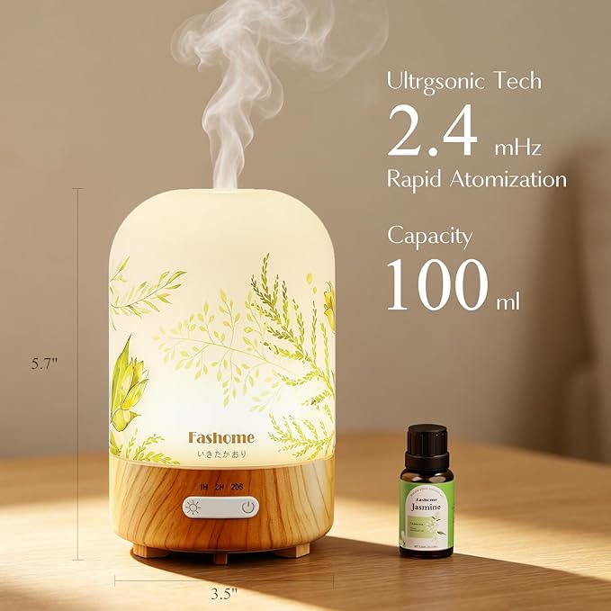 Essential Oil Diffuser, Hand Blown Glass Aromatherapy Diffuser, Ultrasonic Cool Mist Scent Aroma Humidifier, Diffuser Oil Machine Whisper Quiet with Auto Shut-Off for Home Bedroom Office(<25dB)