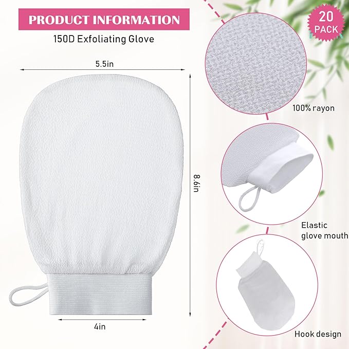 FoldTier 20 Pcs Exfoliating Glove Bulk Summer Exfoliator Mitt Body Scrubber 150d Viscose Fiber Skin Korean Scrub Mitt for Spa Massage Dead Skin Remover for Men and Women(20 Pcs,White)