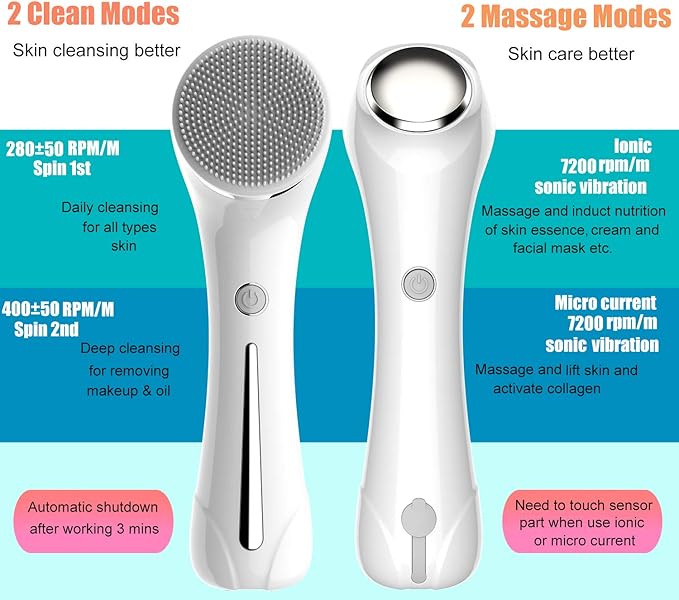 Facial Cleansing Brush, 2 in 1 Ｗaterproof IPx7 Facial Spin Scrubber Set with 4 Brush Heads, Rechargeable Exfoliating Face Brush Deep Cleansing, Gently Exfoliate and Remove Blackhead (White)