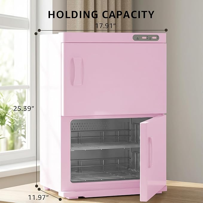 TABU Hot Towel Warmer Cabinet, 46L Extra Large Professional Towel Heater with Stainless Steel Racks & Water Drip Tray, for Spa, Salon, Barber and Home, Pink