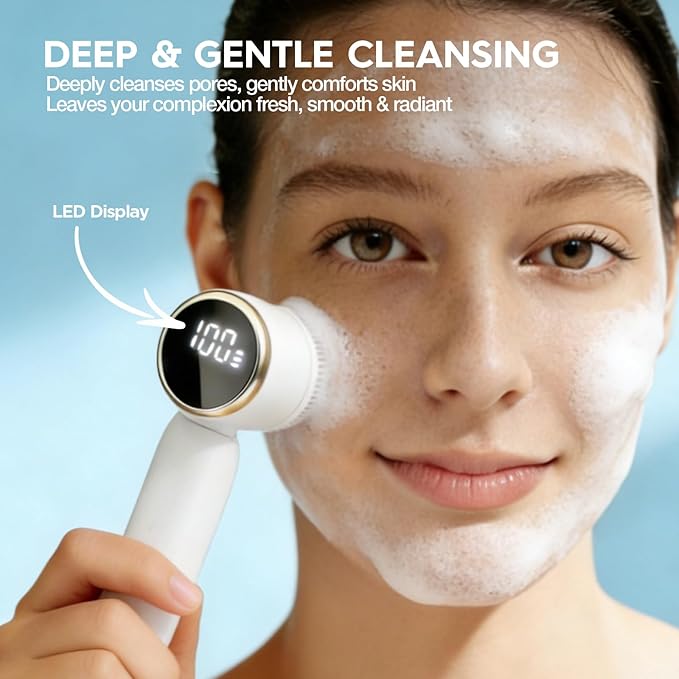 Electric Face Scrubber with Led Display & Facial Cleansing Brush - 6-in-1 Exfoliating Kit, 3 Speeds, IPX6 Waterproof Face Brush for Deep Cleaning, Massage & Gentle Exfoliation-Milk White