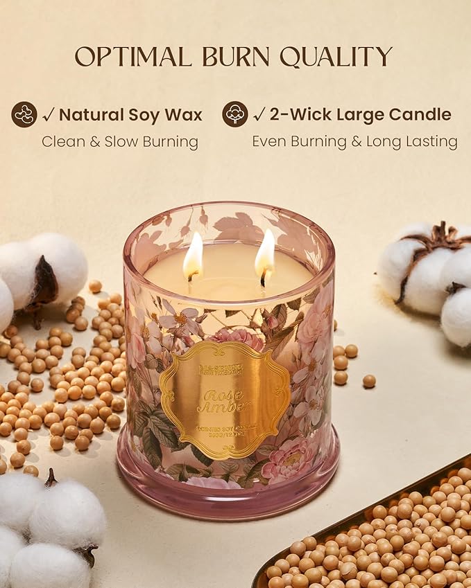 M&SENSE Rose Amber Floral Soy Candle, 2-Wick 12.7oz 75H Non-Toxic Organic Jar Candle, Romantic Aromatherapy, Perfect Present for Mom Her