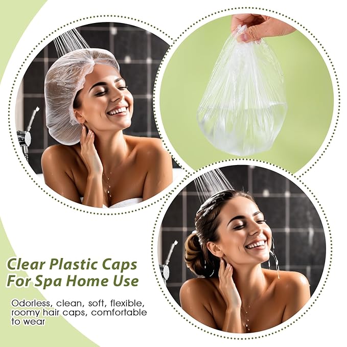 50 Pcs Large Disposable Shower Caps, Waterproof Clear Plastic Shower Cap Elastic Hair Caps for Women Long Hair, Locs, Braids, Disposable Bath Caps for Travel Spa, Hair Salon, Home Use