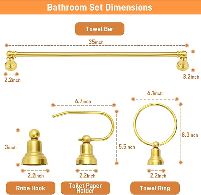 hykolity 3-Light Bathroom Vanity Light, 5-Piece All-in-One Bathroom Set, 20 Inch Modern Wall Lamp, Gold Wall Sconces with Clear Glass Shade, Wall Lights for Bedroom, Living Room, Bathroom Mirror