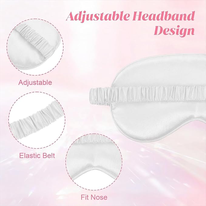 Silk Sleep Eye Mask 4 Pack Mulberry Silk Sleep Mask Eye Cover Blindfold with Elastic Strap Cute Satin Soft Eyeshade Masks for Women Night Sleeping Travel Nap (Pink) (White)