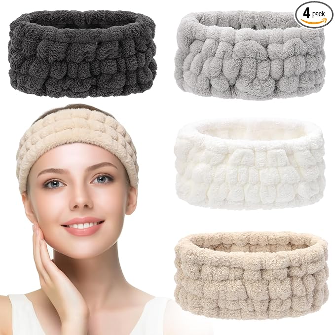 4 Pieces Spa Headband for Women Skincare Headband Makeup Headbands for Washing Face Spa Shower Gifts(Milky-White, Grey, Khaki, Dark Grey)