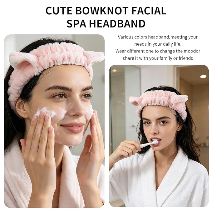 PERFECTSIGHT Kawaii Headband for Spa, Makeup, Washing Face, Party - 2 Pack Cute Hair Band for Shower Beauty Skincare, Soft Facial Headbands for Girls and Women, Cat Ear