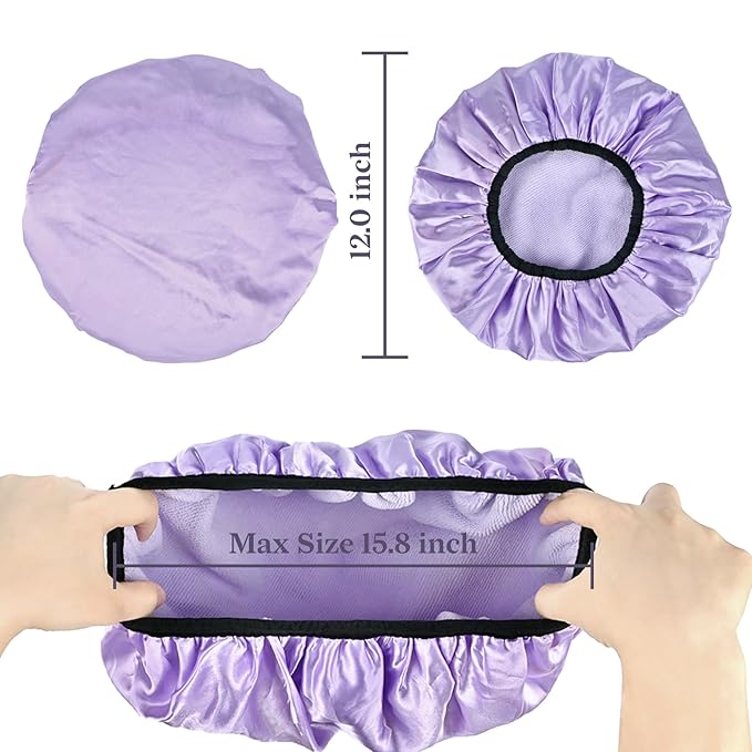 Three-Layer Terry Cloth Lined Satin Shower Cap, with Silk Hair Ties, Microfiber Waterproof Reusable Large Size Shower Cap for Women Long Thick Hair (Purple)