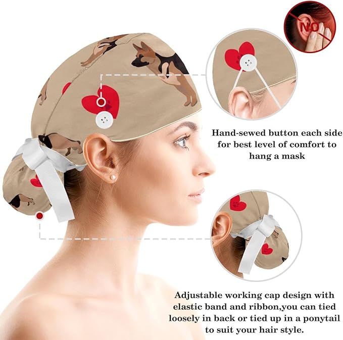 Ethnic Aztec Pattern Adjustable Scrub Cap Hat with Button, Working Hat Sweatband with Bow Hair Scrunchy for Woman