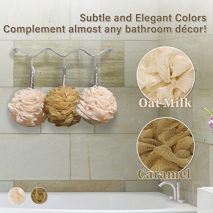 myHomeBody Large 70g Loofah Sponge, Body Scrubber, Bath Sponge, Loofah for Women, Men, Exfoliating Sponge Shower Pouf with Activated Charcoal - 2 Oat Milk + 1 Caramel, 3 Pack