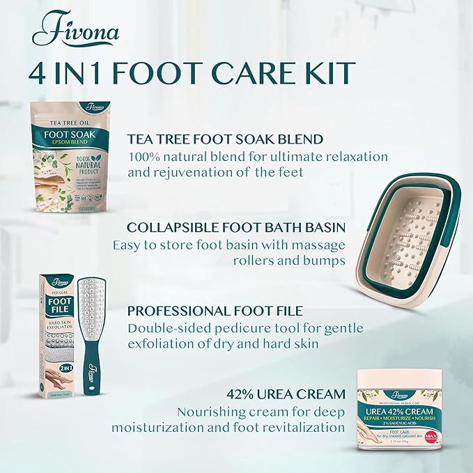 Fivona Foot Care Kit 4 in 1 - Foot Soak Blend with Epsom Salt, Tea Tree and Essential Oils - Collapsible Foot Soak Basin - 42% Urea Cream for Hard, Calloused Skin - Dual Action Foot File