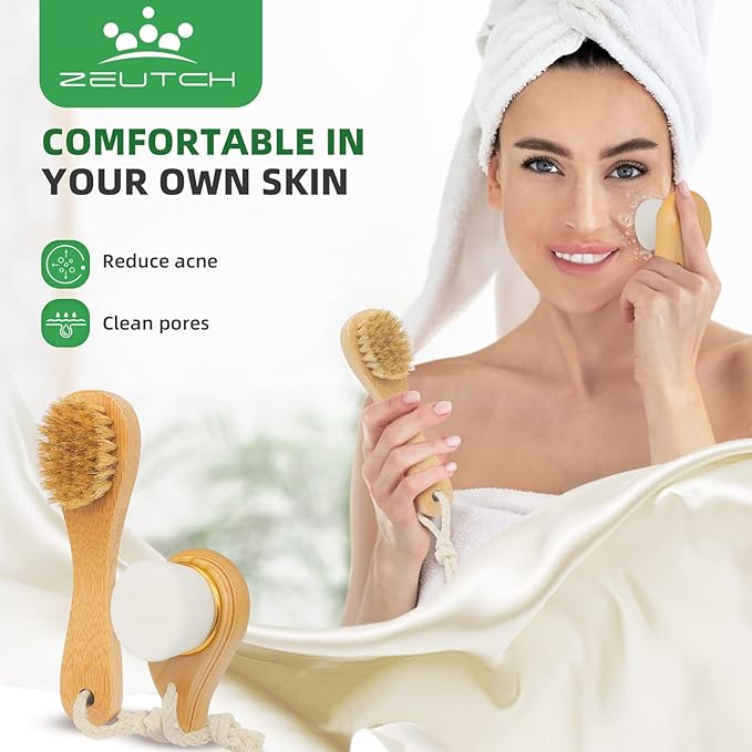 Zeutch Premium Dry Brushing Body Brush Set for Lymphatic Drainage and Cellulite Treatment, Boar Bristle Long Handle Face Cleansing Brush for A Glowing Skin, 5 Pack