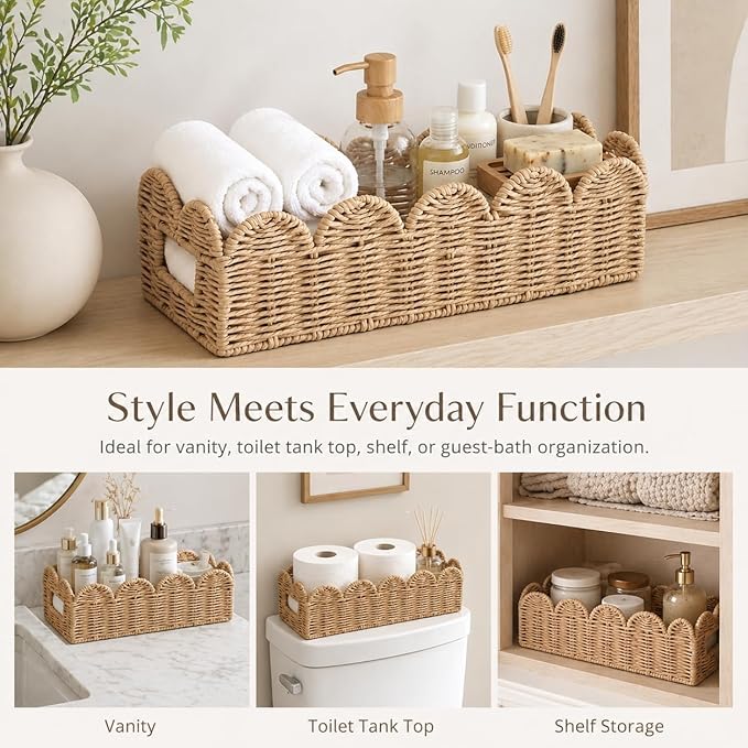 Scalloped Khaki Toilet Tank Basket for Back of Toilet, Wicker Bathroom Tray for Toilet Paper Storage, Bathroom Organizer for Tank Top, Countertop & Small Spaces