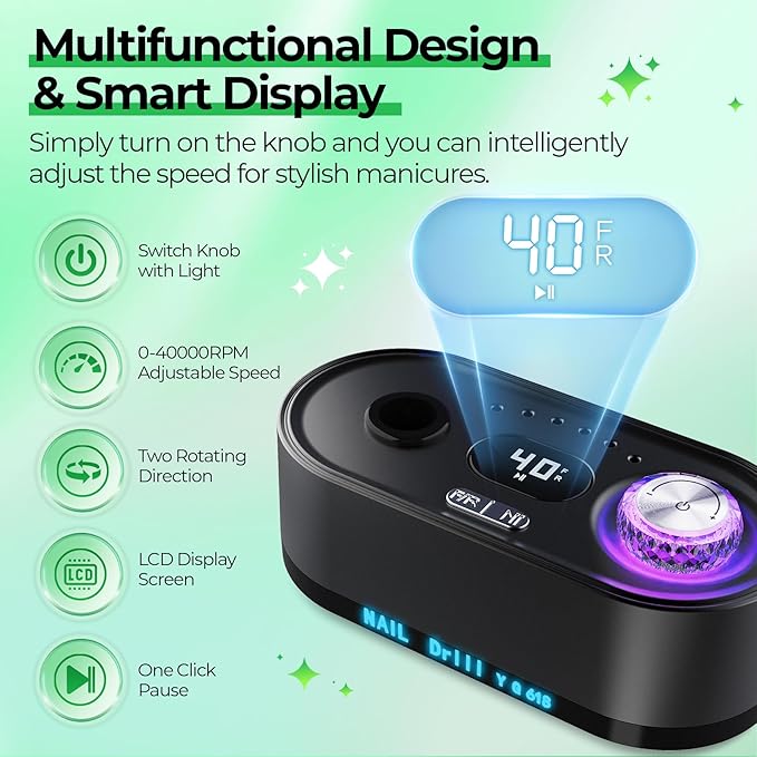JOSGLOI Electric Nail Drill Professional: 40000RPM Electric Nail File Kit E File Nail Drill Machine with LCD Display for Acrylic Gel Nail, Manicure Pedicure Polishing Nail Grinder for Salon Home Use