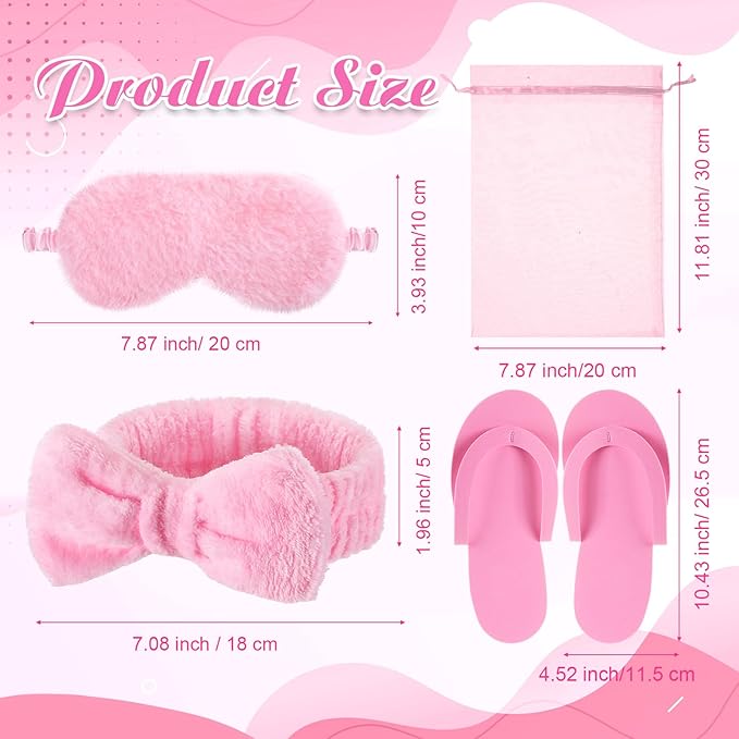 Moucuny 42 Pcs Summer Spa Sleepover Party Supplies Bulk for Women Include 6 Pink Hairbands 6 Eye Masks 12 Wristbands 6 Bath Loofahs 6 Pairs Disposable Slippers 6 Organizer Bags(Classic)