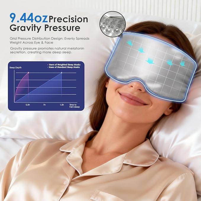 Weighted Eye Mask for Sleeping, Silk Sleep Mask for Side Sleeper with Adjustable Buckle, 100% Blockout Design, Ideal for Meditation, Relaxation and Travel, with Storage Pouch (Gray)