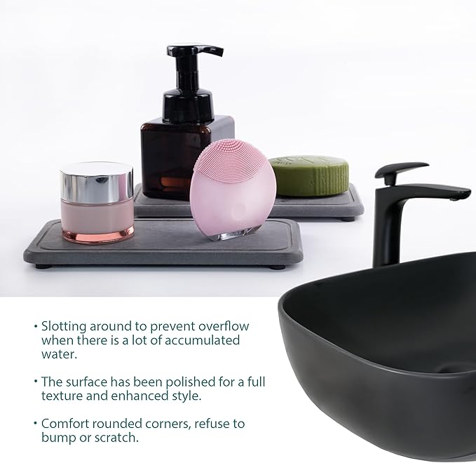NiuYichee 2 Pcs Water Absorbing Stone Trays, Kitchen/Bathroom Sink Soap Dish, Diatomite Tray Used for Hand Soap & Cosmetic Bottles in The Modern Home, 4" W x 8.3" L, Dark Gray
