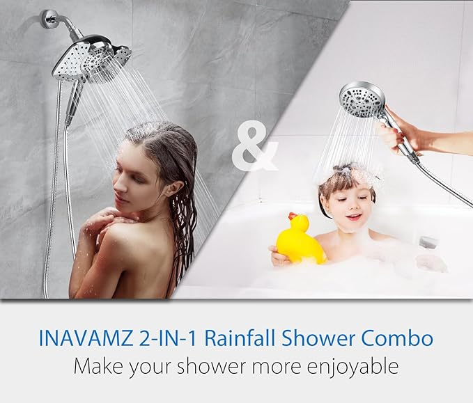 INAVAMZ 2-in-1 Shower Heads with Handheld Spray Combo: 10” Rainfall Shower Head & Hand Held Shower Head, 9 Spray Settings Detachable Shower Head with ON/OFF Switch and 15-Stage Filter