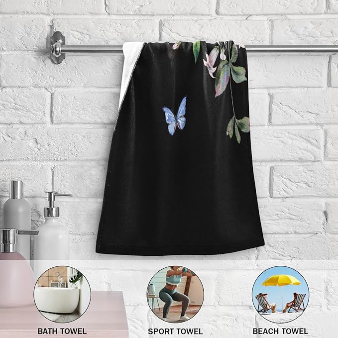 Peony Floral Black Hand Towels for Bathroom Set of 2,Vintage Blooming Flower Butterfly Bouquet Decorative Bathroom Towels for Bath,Face,Hair,Soft Absorbent Dish Towels for Kitchen 28"x14"