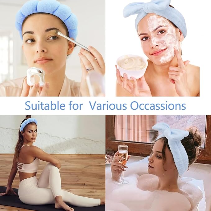 Chanaco Hairband, Soft & Comfortable Microfiber Facial Headband for Washing Face, Skincare Headband with Bow, Spa Headbands for Women, Teen Girl Gifts, Set of 2 Headbands and 4 Wristbands
