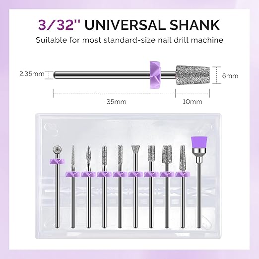 MelodySusie Nail Drill Bits, 10Pcs Diamond Sanding Bit Set with 40pcs Sanding Bands (#120#180#240 Grits) with 6.65mm Mandrel Bit, Nail Gel Polish Remover Tool for Acrylic Nails Manicure Nail Prep