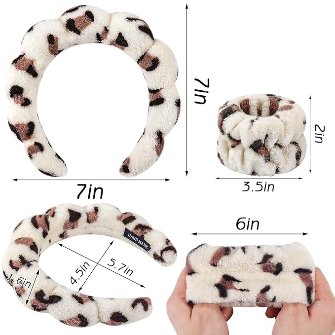 Zkptops 6Pcs Spa Headband for Washing Face Wristbands Set Women Bubble Makeup Sponge Plush Padded Puffy Skincare Headband Bow Tie Hairband Cute Non Slip Thick Hair Accessory Gifts(Beige Leopard)