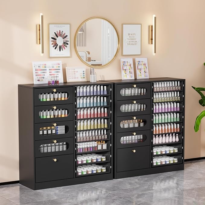 OmySalon Nail Salon Organizer Cabinet, 32" L Floor Storage with 8 Clear & 4 Visual Drawers, Wooden Display for Polish & Powder, Beauty Salon Furniture (Black, 32'' Length)