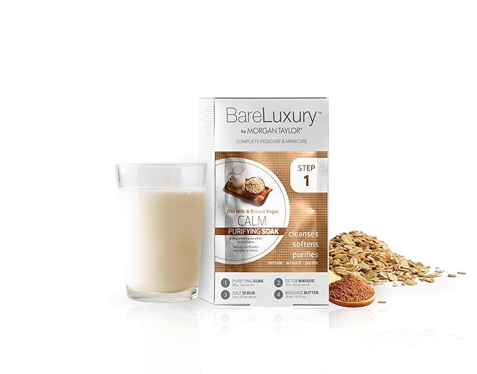 Morgan Taylor BareLuxury 4-Step Complete Pedicure & Manicure Packs - Complete Nail Care Kit with Soak, Masque, Scrub & Massage Butter, Professional Spa-Quality Treatments (Calm Oat Milk & Brown Sugar)