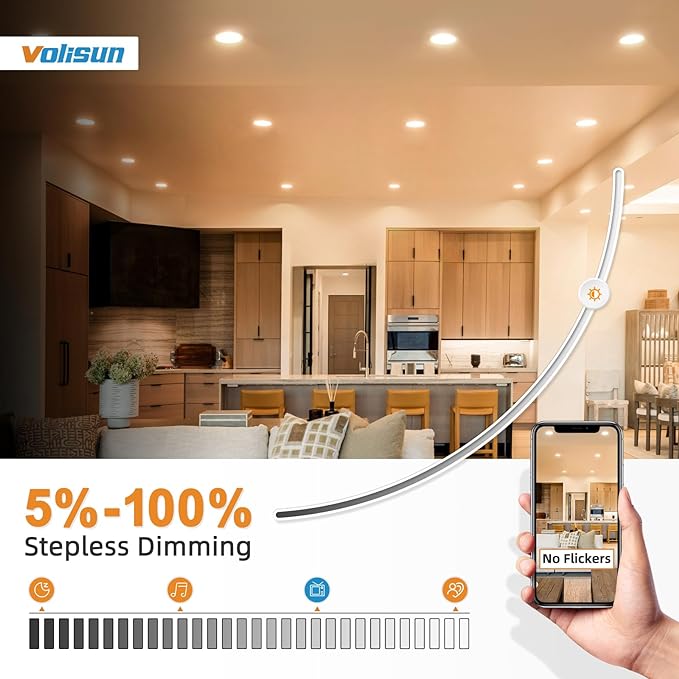 VOLISUN 12 Pack 6 Inch 5CCT Recessed Light with Night Light,Canless LED Recessed Lighting 6 inch,2700K-5000K Selectable,12W=130W,1080LM Dimmable Recessed Ceiling Wafer Lighs,ETL Certificated
