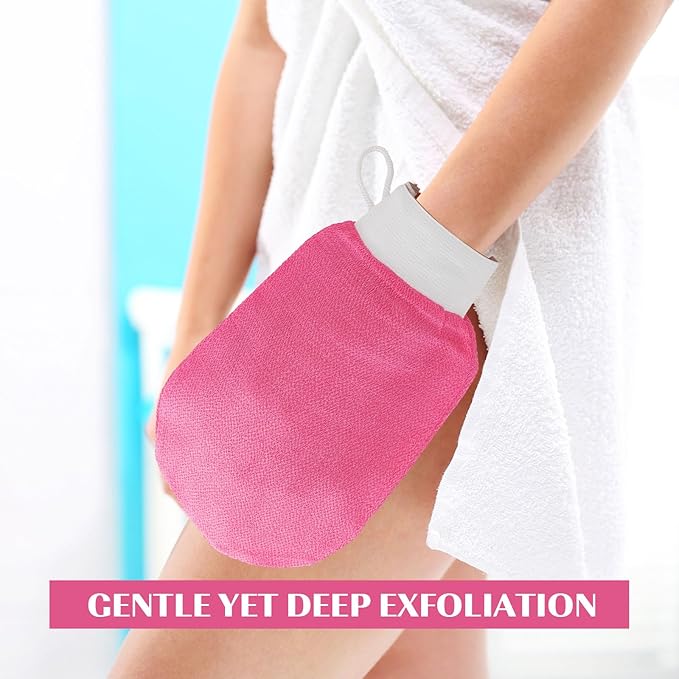 FoldTier 20 Pcs Exfoliating Glove Bulk Summer Exfoliator Mitt Body Scrubber 150d Viscose Fiber Deep Skin Korean Scrub Mitt for Spa Massage Dead Skin Remover for Men and Women(Rose Red)