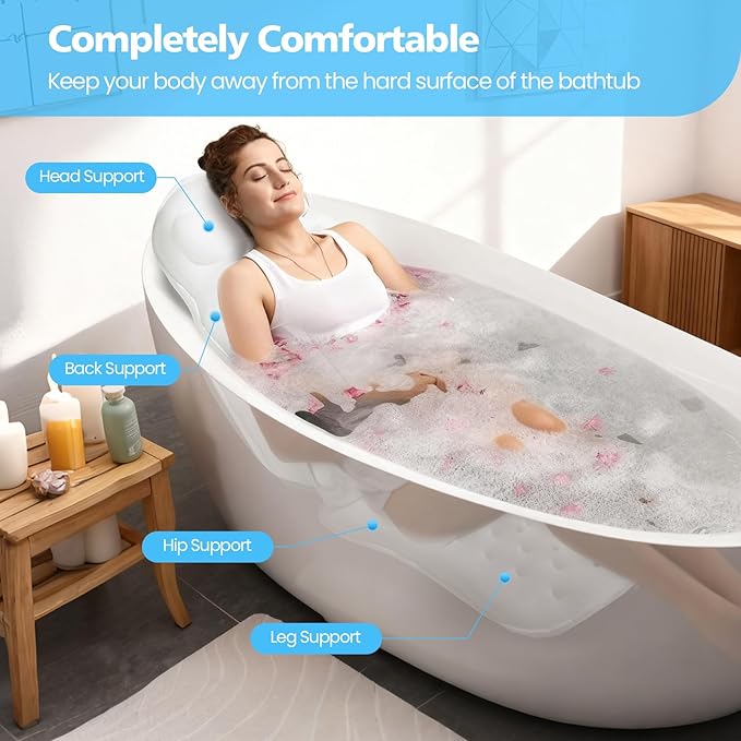 Full Body Bath Pillow for Bathtub,Thick Bathtub Cushion Soft 5D Mesh Spa Cushion,Luxury Tub Pillow with Laundry Bag for Headrest Neck and Back Support,Gift for Soaking (White)