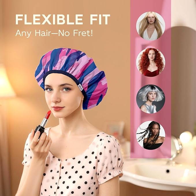 Years calm Waterproof Shower Cap for Women - Double-Layer Reusable Bath Cap with Elastic Band for Long/Short/Curly/Braids Hair, Washable & Travel-Friendly, Fit for Shower, Spa (Stripe Shower Cap)