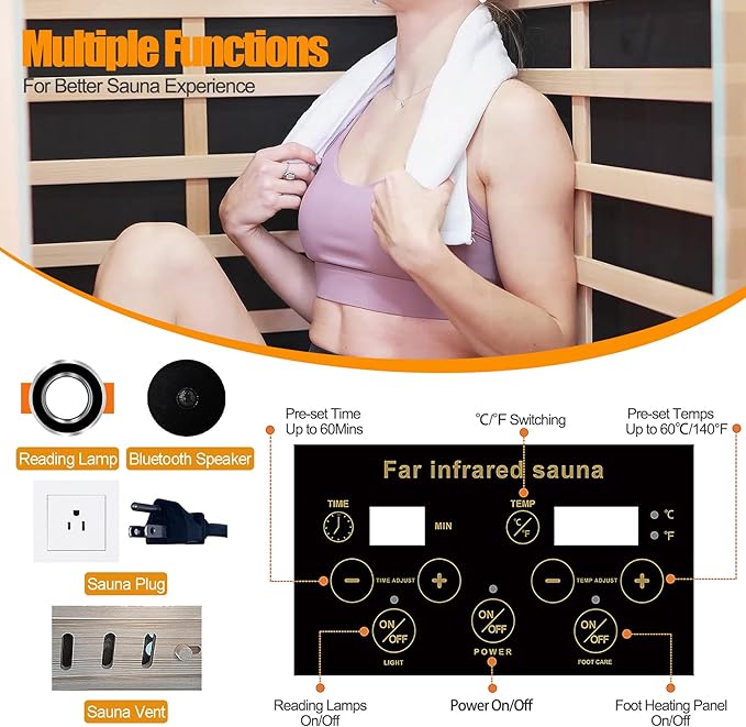 Far Infrared Sauna, 1 Person Infrared Sauna, Canadian Hemlock Wood 1290W Low-EMF Infrared Saunas for Home with Bluetooth Speakers, Reading Lamp