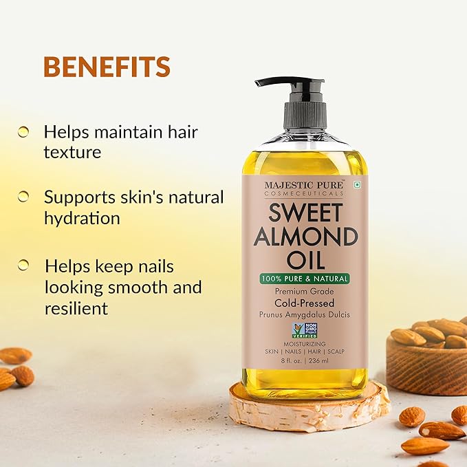 Majestic Pure Oil - 100% Pure and Natural- Cold Pressed & Hexane Free Natural Hair Growth Oil for Eyelashes, Eyebrows, Skin, Body, Face, Nails & Scalp - Sweet Almond Oil 8 Fl Oz