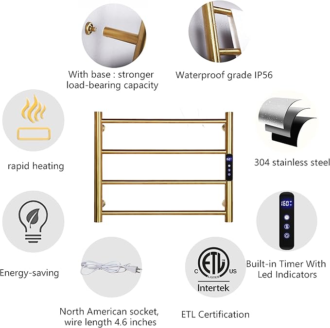 Heated Towel Rack Gold, 4 Bars Towel Warmer Rack for Bathroom Wall Mounted, Timer & Temperature Control (4 Bars Brushed Gold B, Plug-in)